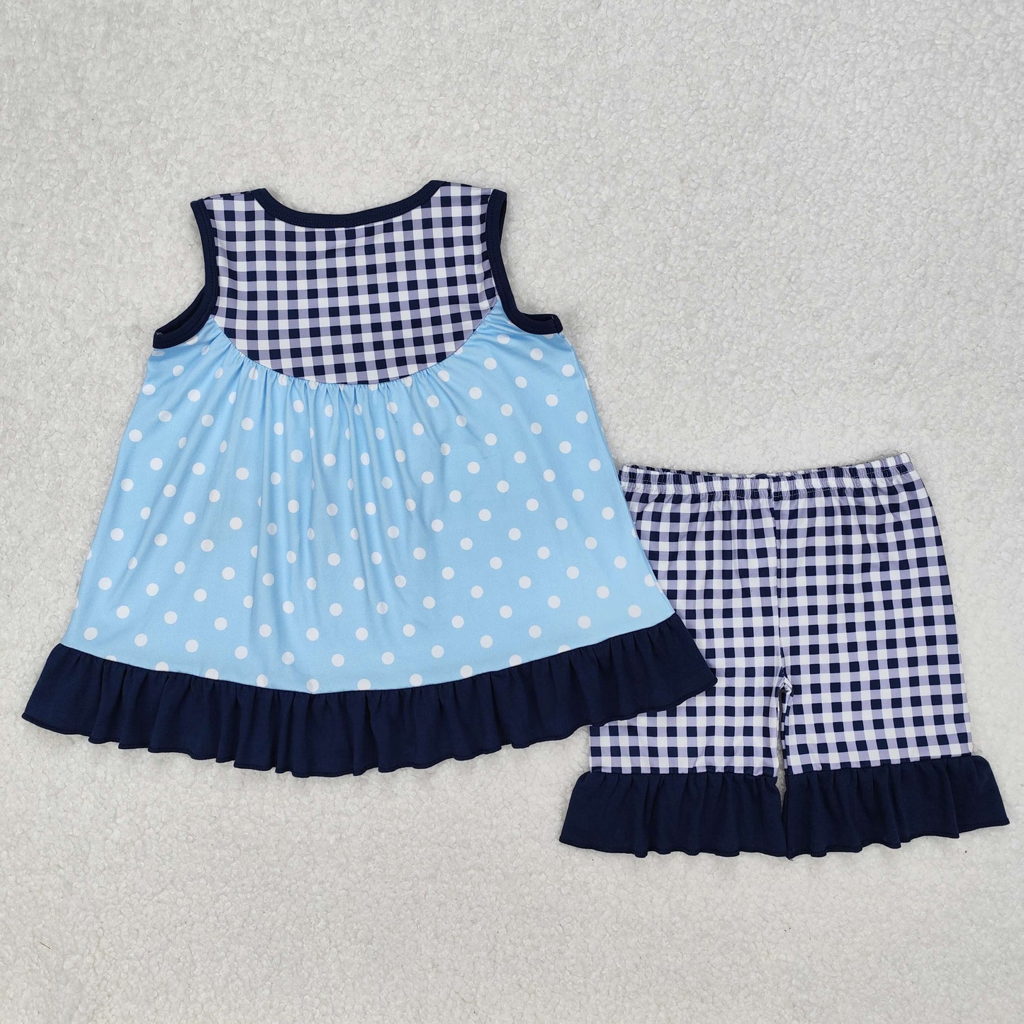GSSO2124Blue Plaid Dog Tunic Shorts Sleeveless Girls Outfit Set for Spring Summer Children's Clothing