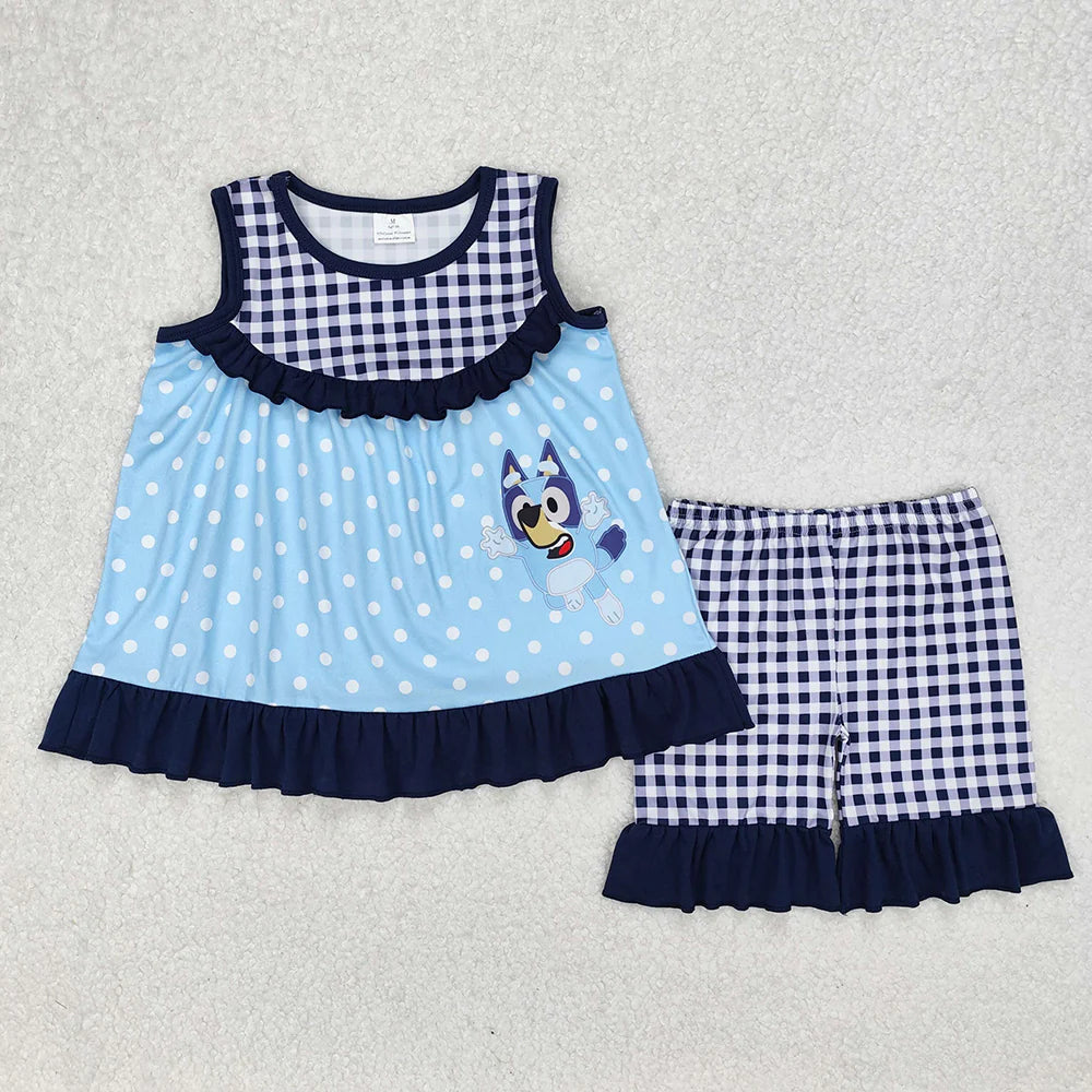 12.8 RTS Sibling Baby Girls Cartoon Dots Dogs Tunic Ruffle Shorts Outfits