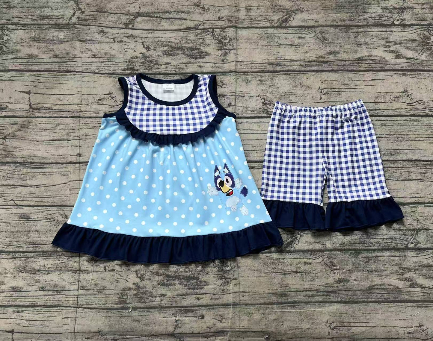 GSSO2124Adorable Blue Sleeveles Plaid Dog-Embellished Tunic and Shorts for Girls