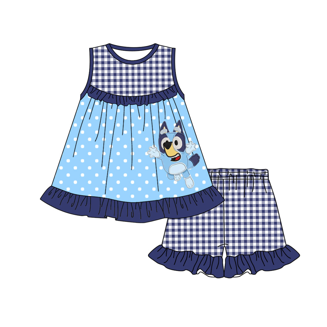 Baby Girls Blue Dots Dogs Tunic Ruffle Shorts Clothes Sets
