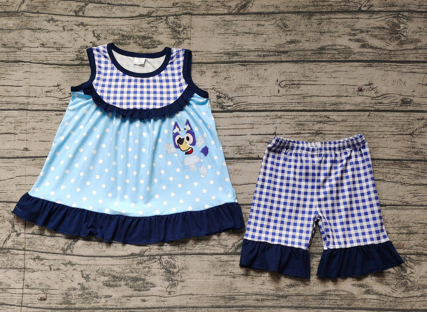 GSSO2124Blue Plaid Dog Tunic Shorts Sleeveless Girls Outfit Set Cute Animal Print Children's Clothing Ensemble for Girls