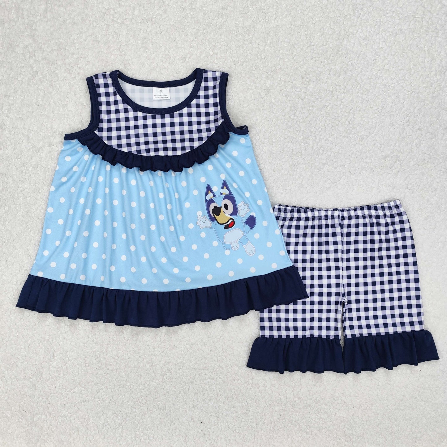 GSSO2124Blue Plaid Dog Tunic Shorts Sleeveless Girls Outfit Set for Spring Summer Children's Clothing