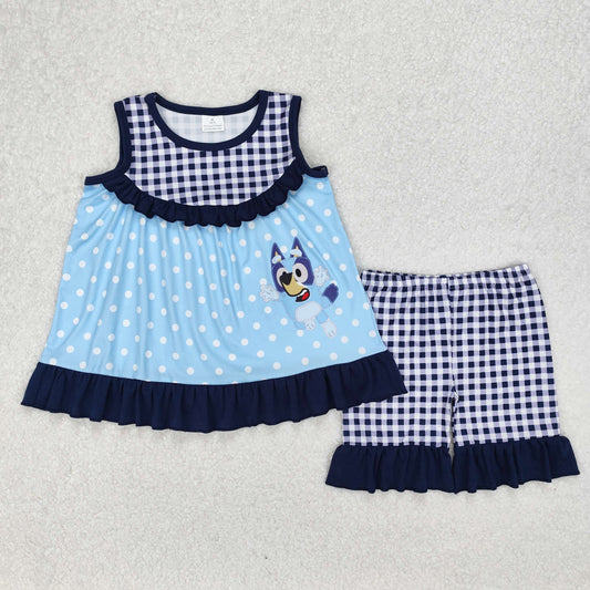 GSSO2124Blue Plaid Dog Tunic Shorts Sleeveless Girls Outfit Set for Spring Summer Children's Clothing