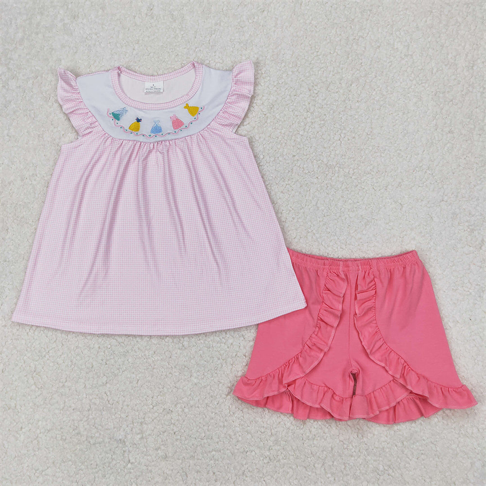 6.13   GSSO2125 RTS NO MOQ Baby Girls Summer Outfits Baby Girls Pink Flutter Sleeves Dresses Tunic Ruffle Shorts Set