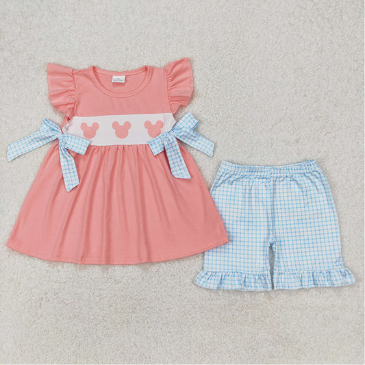 4.25 GSSO2126  RTS NO MOQ Flutter sleeves mouse tunic plaid shorts girls clothes