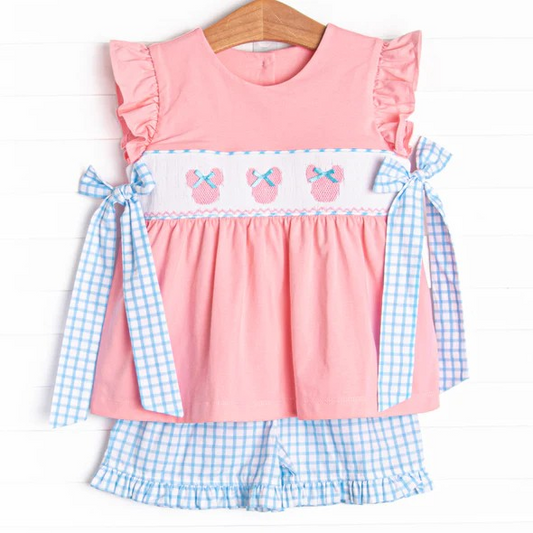 GSSO2126Baby Girls Peach Flutter Sleeves Cartoon Mouses Bows Tunic Ruffle Plaid Shorts Set