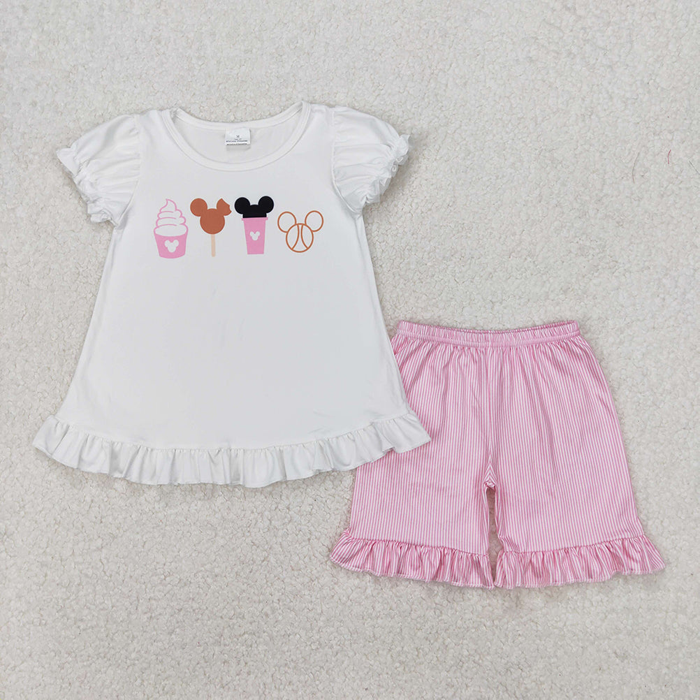 GSSO2127 New Rts No Moq 8-9 Days By Air Arrived it White mouse snacks top ruffle shorts girls clothing
