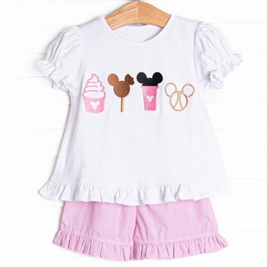 GSSO2127Baby Girls White Short Ruffle Sleeves Cartoon Mouses Tunic Pink Ruffle Shorts Set