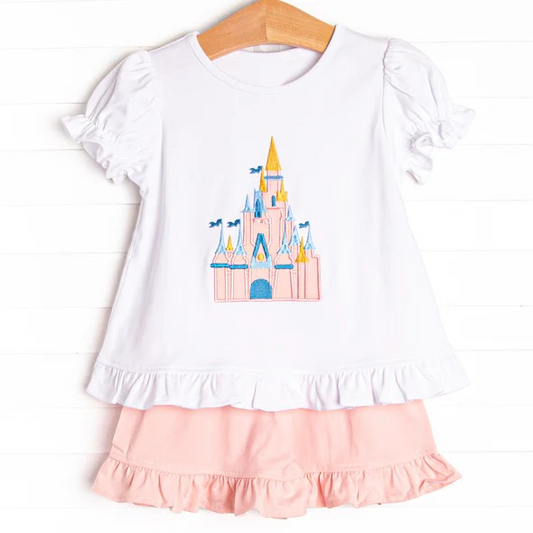GSSO2128Baby Girls Castle Short Sleeve Top Ruffle Shorts Clothes Sets