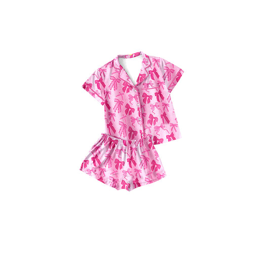 GSSO2134Baby Girls Hot Pink Short Sleeves Button Down Pocket Bows Top Short Pajamas Set