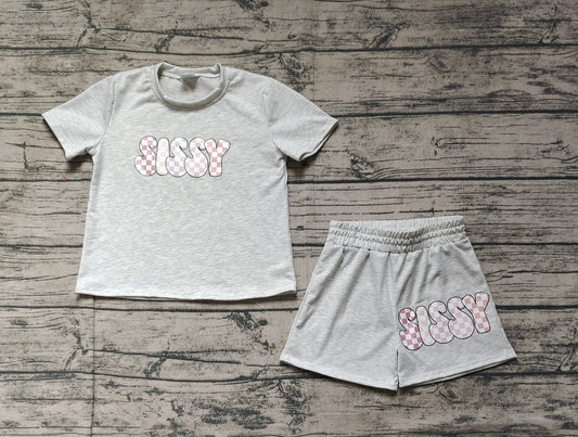 GSSO2135Kids Grey Plaid Sissy Top Shorts Set Short Sleeves Girls Clothing Outfit