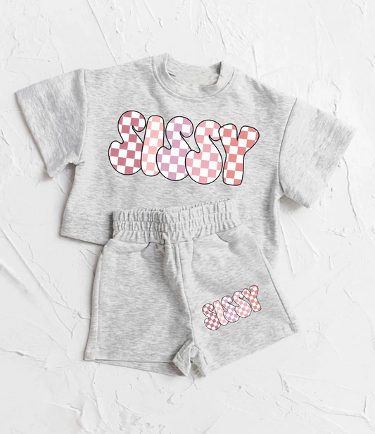 GSSO2135Grey short sleeves plaid sissy top shorts kids girls clothes