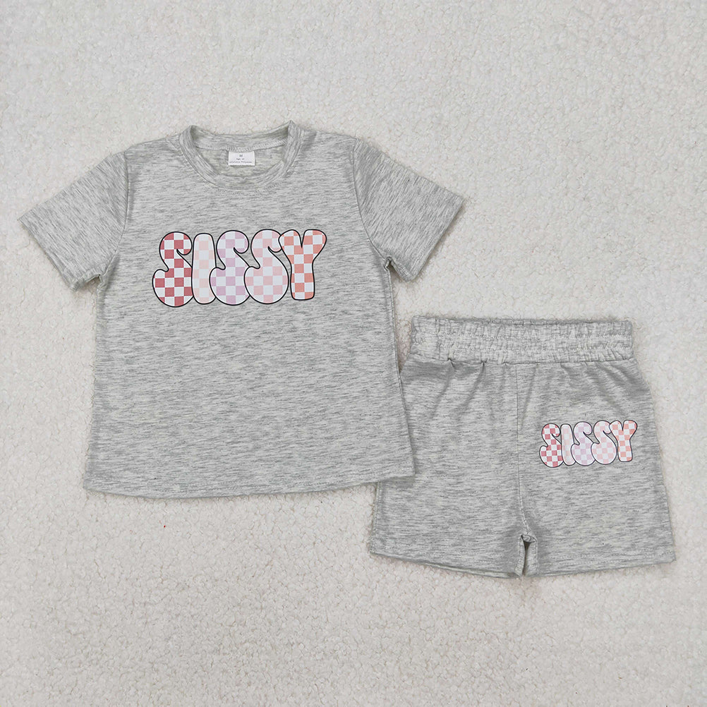 6.03  GSSO2135  New Rts No Moq 8-9 Days By Air Arrived it Grey short sleeves plaid sissy top shorts kids girls clothes