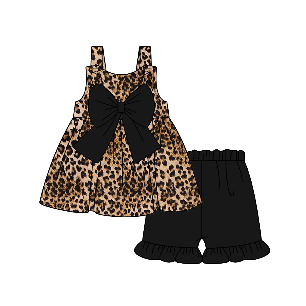 Girls Leopard Straps Black Bow Tunic Short Set Cute Animal Print Outfit for Kids