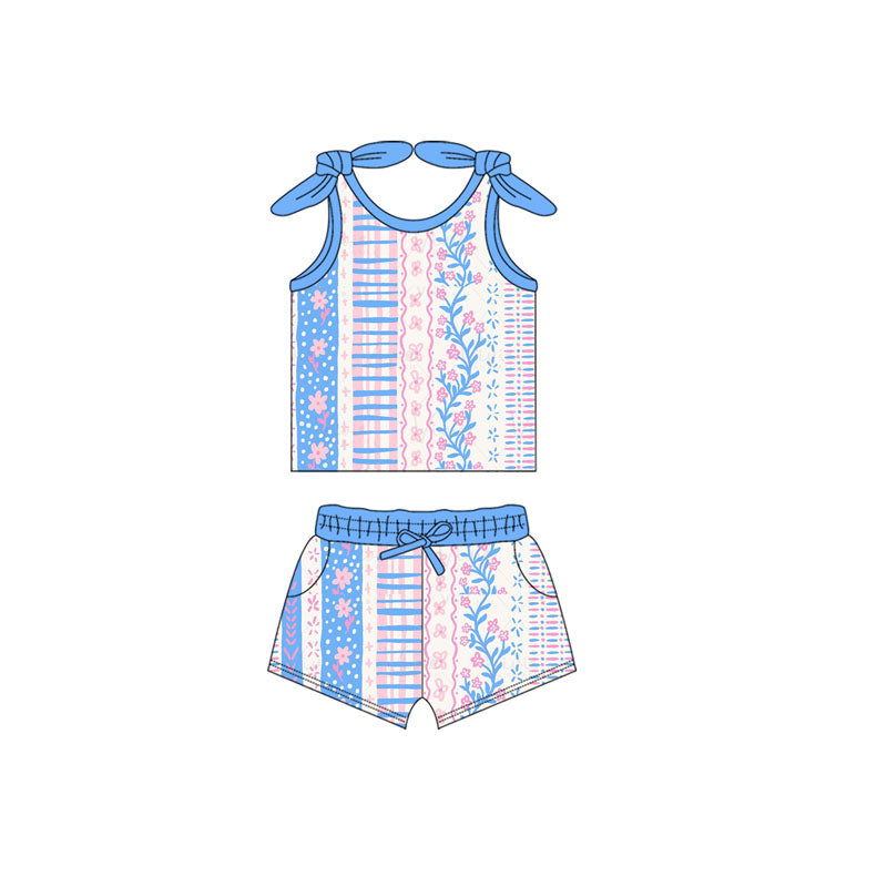Girls Sleeveless Top Skirt Set Pink Blue Floral Print Activewear Outfit for Kids