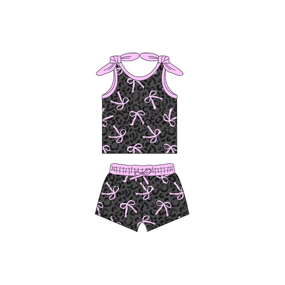 Kids Girls Sleeveless Leopard Print Bow Top Black Pink Casual Fashion Children's Clothing