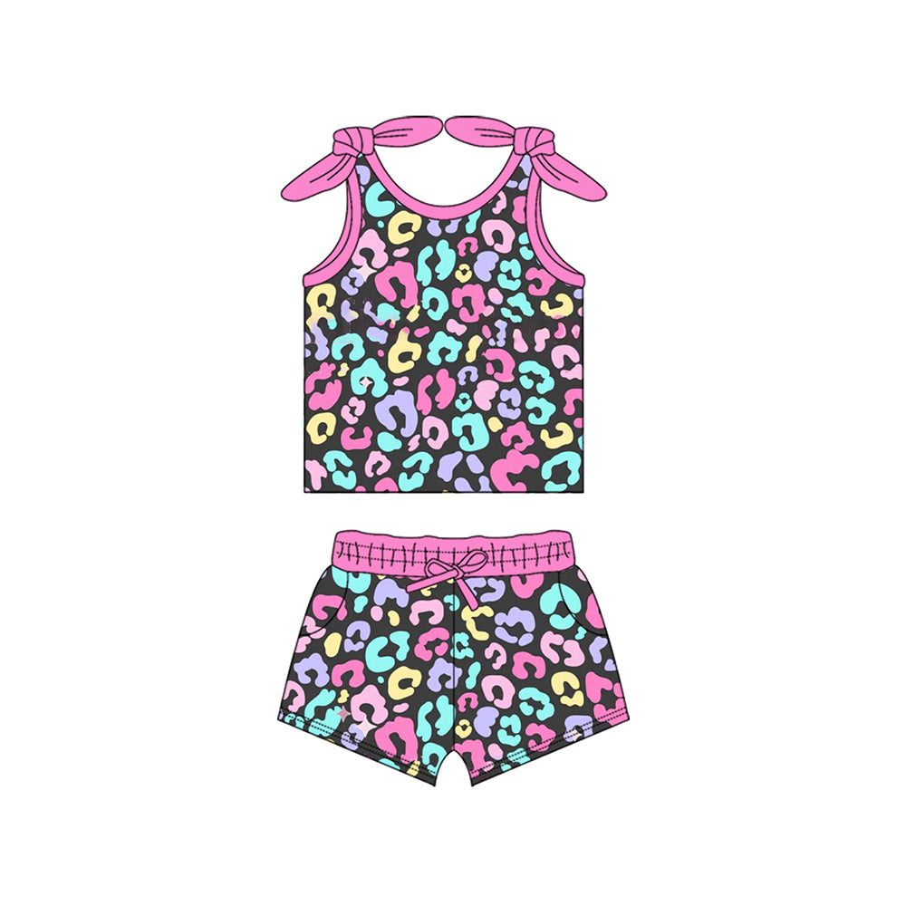 GSSO2141Kids Girls Sleeveless Leopards Print Bow Top Colorful Trendy Summer Clothes Fashionable Outfit for Children