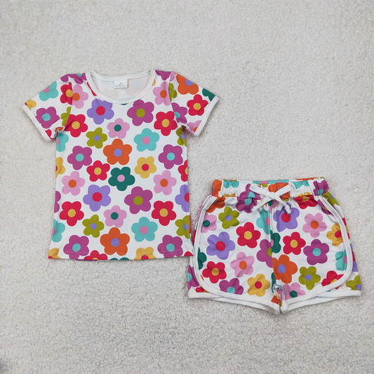 4.11 GSSO2142 RTS NO MOQ Baby Girls Summer Outfits Baby Girls Short Sleeves Colorful Flowers Top Short Set