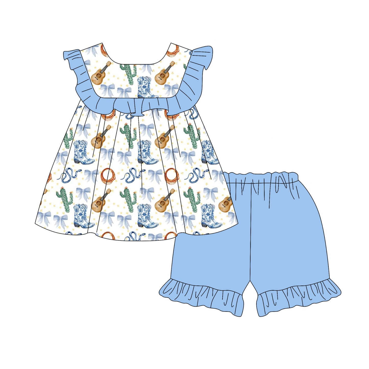 Light Blue Ruffle Cactus Bow Western Style Girls Dress Cute Country Chic Girls Clothing