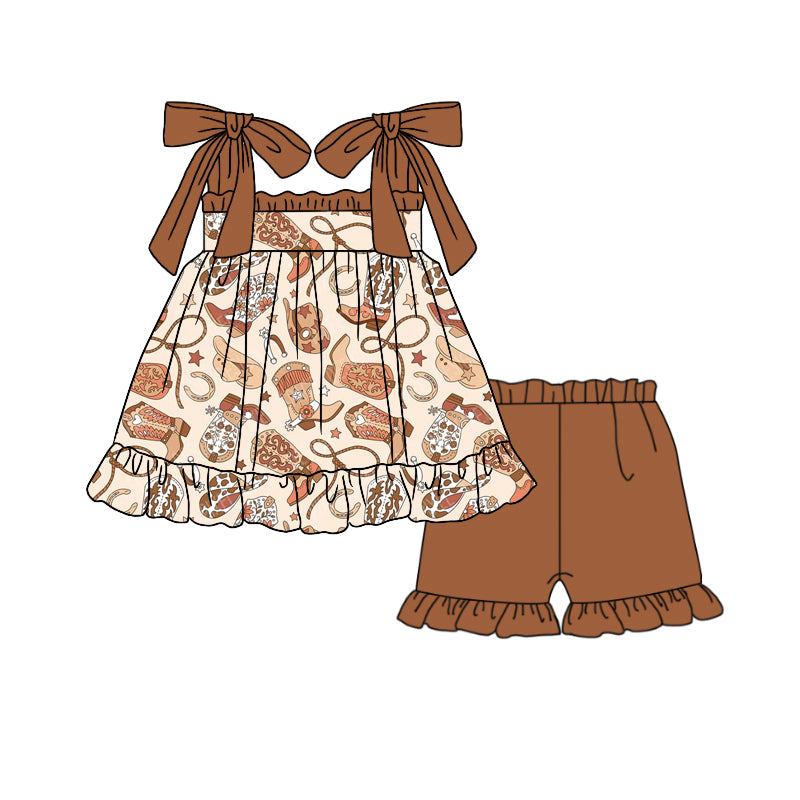 Baby Girls Western Boots Tunic Top Ruffle Shorts Clothes Sets