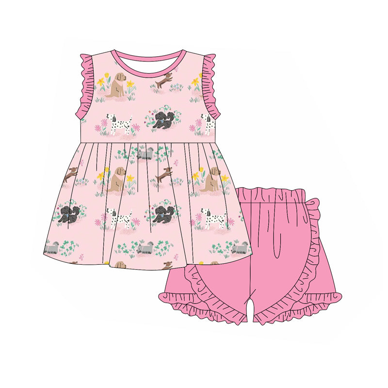 Girls Floral Sleeveless Dog Tunic Pink Shorts Set Cute Summer Clothing Outfit for Kids