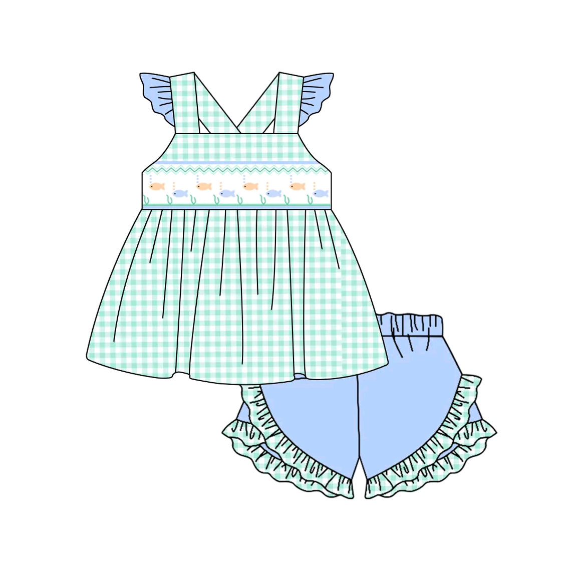Kids Boys Light Blue Plaid Fishing Top And Shorts Set Summer Clothing Plaid Shorts for Boys Light Blue Fishing Graphic Tee