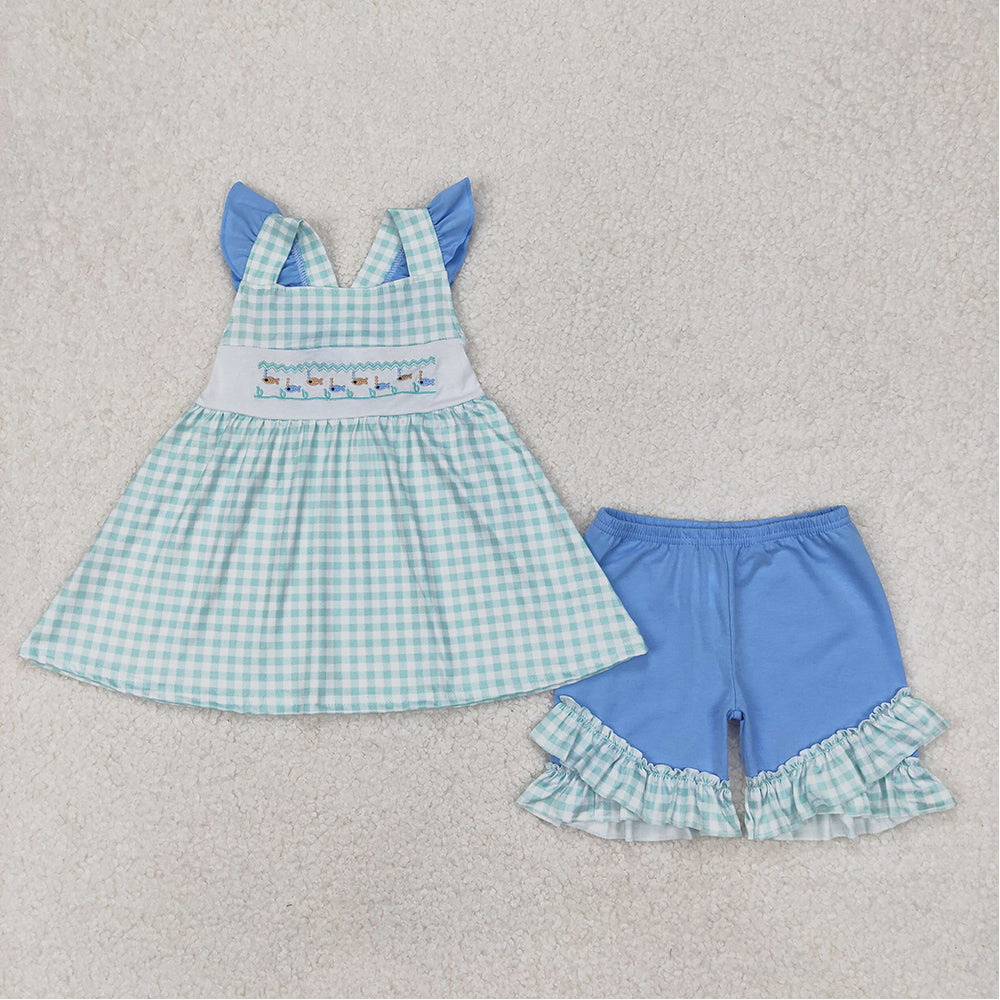 5.19  GSSO2148 RTS NO MOQ Flutter sleeves fishing plaid tunic shorts girls summer clothes
