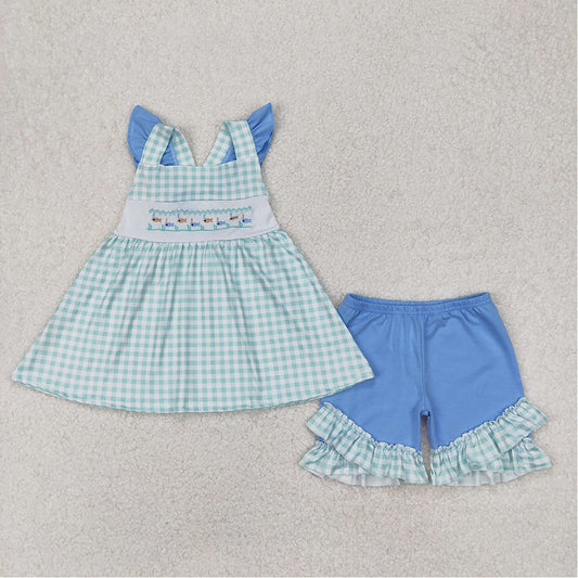5.19  GSSO2148 RTS NO MOQ Flutter sleeves fishing plaid tunic shorts girls summer clothes