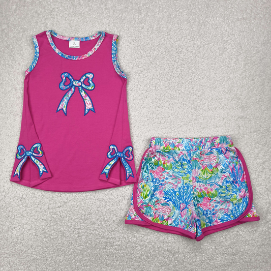5.20 GSSO2149 RTS NO MOQ Baby Girls Summer Outfits Embroidery Baby Girls Bow Tunic Top Flowers Shorts Clothes Sets