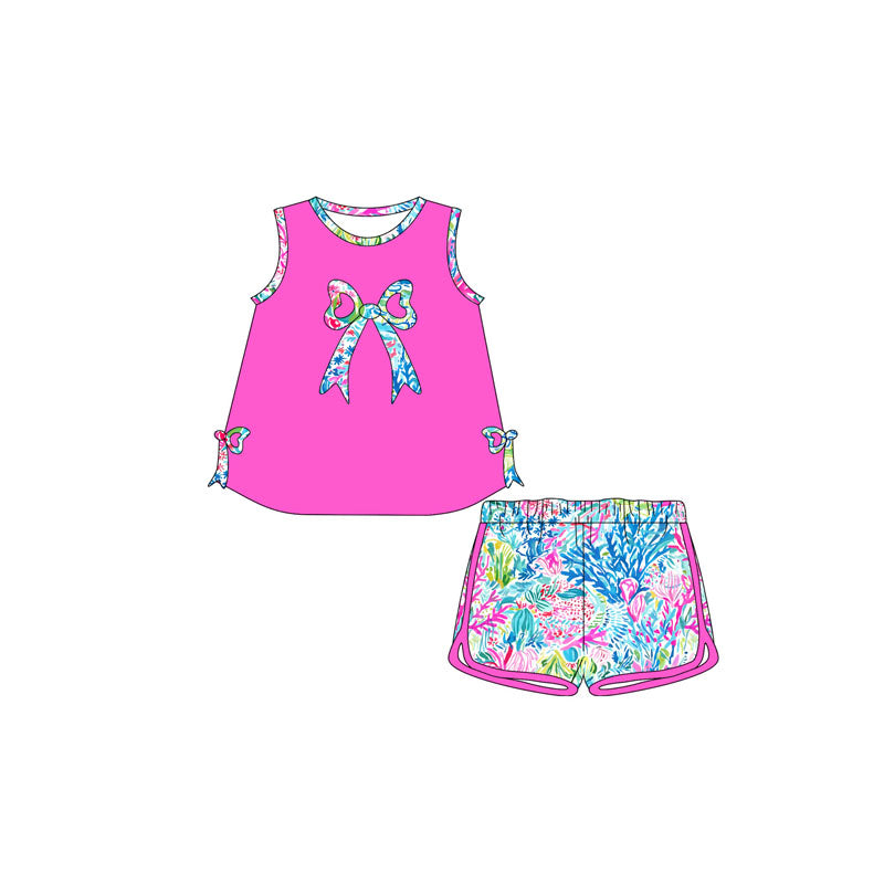 Kids Girls Summer Outfits Hot Pink Sleeveless Watercolor Bow Top And Shorts Set for Girls Perfect for Parties And Playdates