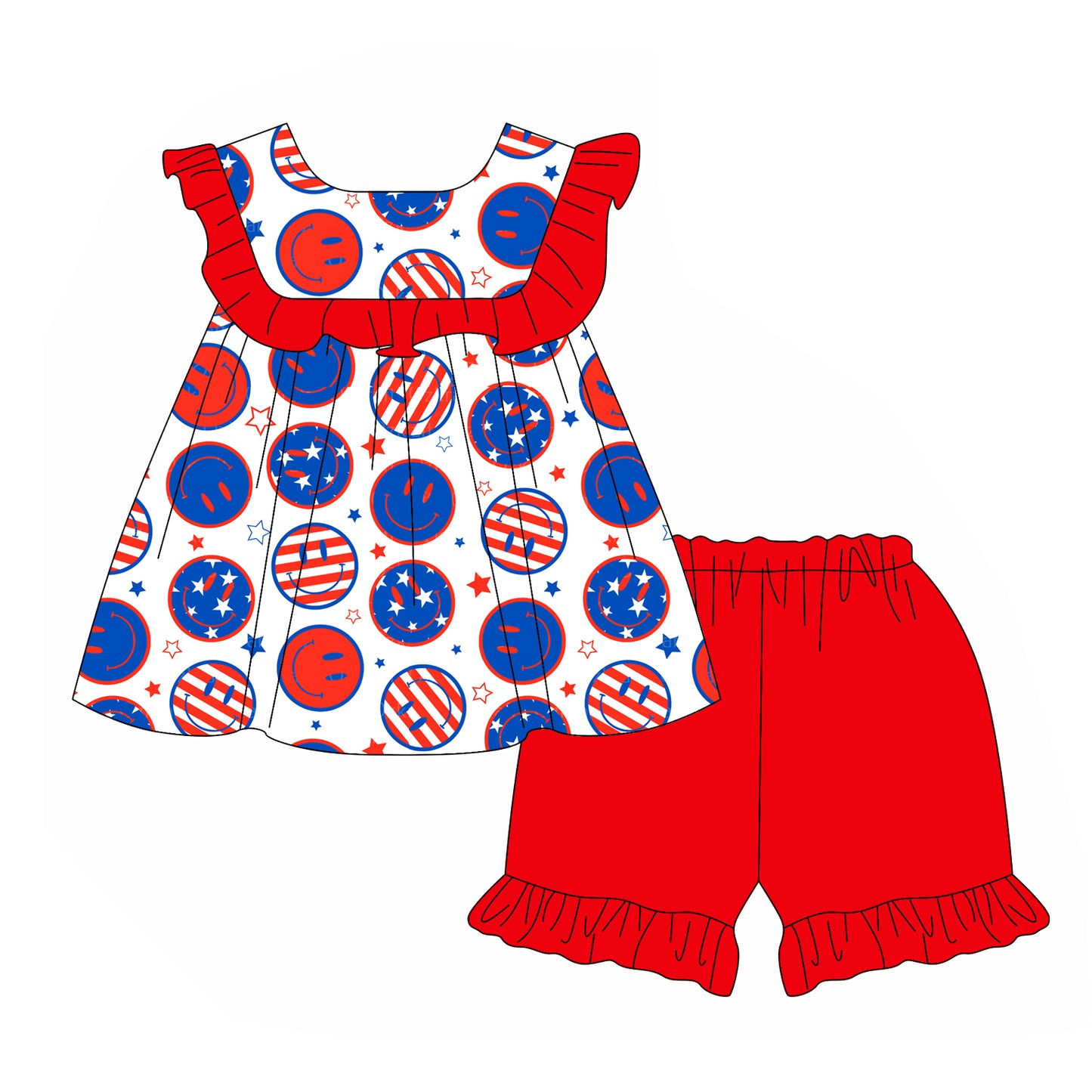 Kids Girls Red Ruffle Stars & Stripes Smiley 4th of July Outfit Set - Patriotic Clothing for Children's Events