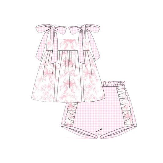 GSSO2154Girls Pink Plaid Straps Bow Tunic Short Set Cute Preppy Outfit for Kids