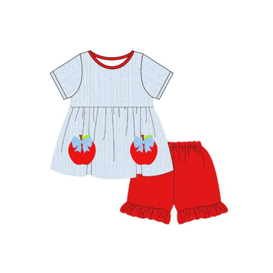 GSSO2155Girls Apple Tunic Short Sleeve Top with Shorts Back to School Clothing Set Cute Kids' Outfit