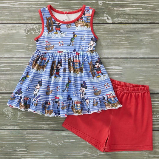 GSSO2156Girls Sleeveless Stripe Anchor Mouse Tunic Shorts Set Children's Casual Cotton Clothes Outfit for Kids