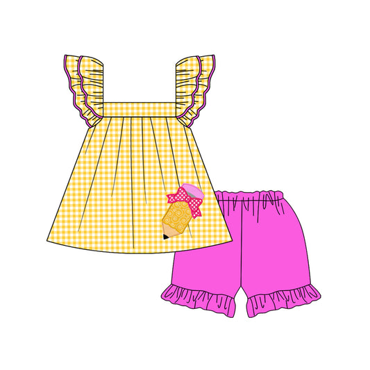 GSSO2157Kids Plaid Flutter Sleeve Pencil Skirt Outfit for Girls Back to School Ensemble