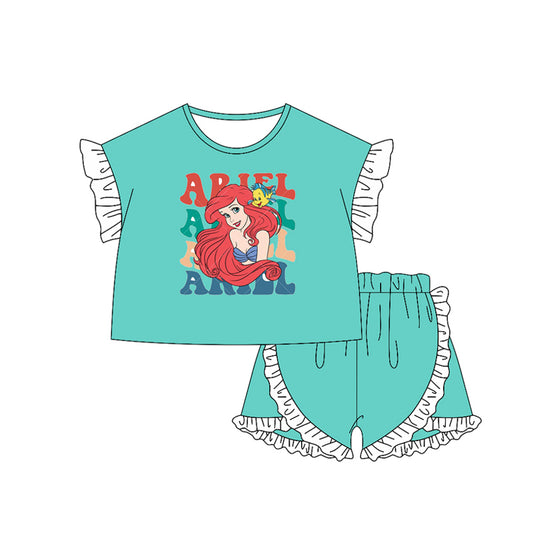 GSSO2158Green Princess Top Shorts Set for Girls Short Sleeves Ruffle Detail Cute And Stylish Children's Clothing Outfit