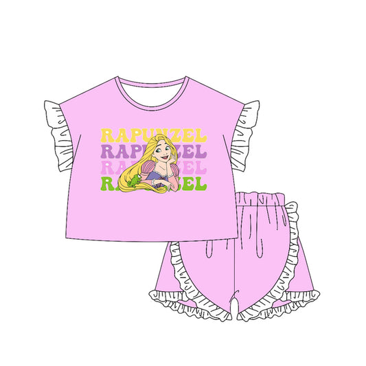GSSO2159Pink Princess Top with Ruffles Short Sleeves Girls Clothes Set Cute Princess Outfit with Matching Shorts