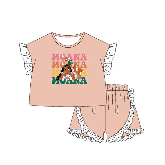 GSSO2160Princess Top Shorts Set for Girls Short Sleeves Ruffle Pig Design Cute Female Outfit Combination