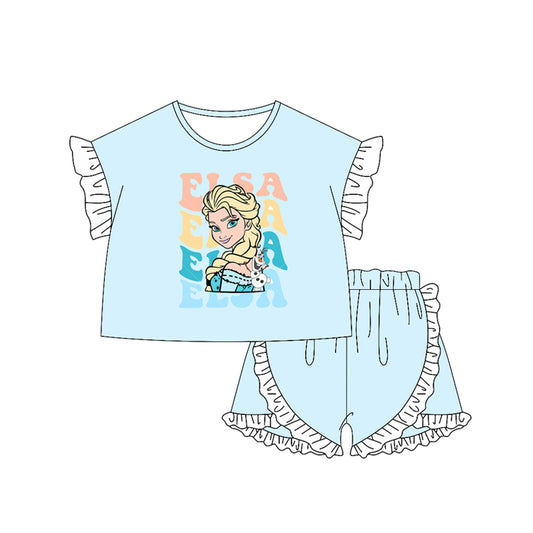 GSSO2161Light Blue Princess Top with Ruffle Short Sleeves for Girls Matching Princess Shorts Set Children's Clothing Girls Outfits