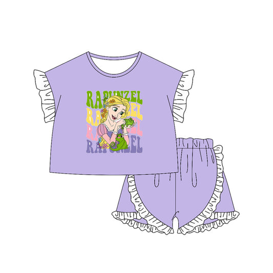 GSSO2163Lavender Princess Top with Ruffles Short Sleeves for Girls Matching Princess Shorts Set Cute Girl Outfit