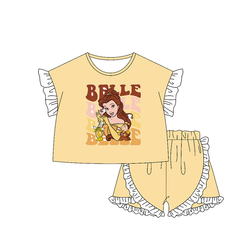 GSSO2164Girls Yellow Princess Top with Ruffle Short Sleeves Matching Princess Shorts Set Children's Clothing Outfit for Kids