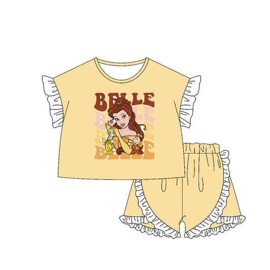 GSSO2164Girls Yellow Princess Top with Ruffle Short Sleeves Matching Princess Shorts Set Children's Clothing Outfit for Kids