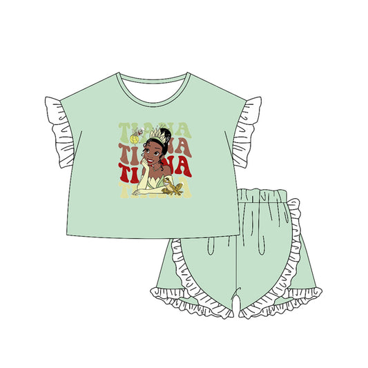GSSO2165Green Princess Top Shorts Set for Girls Short Sleeves Ruffle Detail Cute And Stylish Children's Clothing Outfit