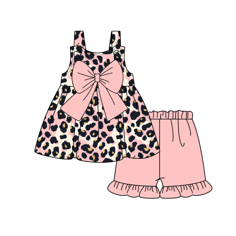 Girls Leopard Pink Bow Tunic Ruffle Shorts Set Straps Cute Animal Print Outfit for Kids