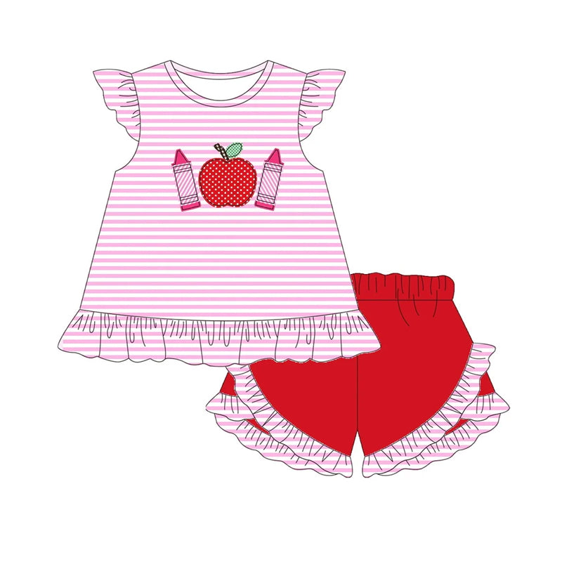 Boys Stripe Apple Crayon Top Shorts Set Back to School Clothing Comfortable Casual Outfit for Kids