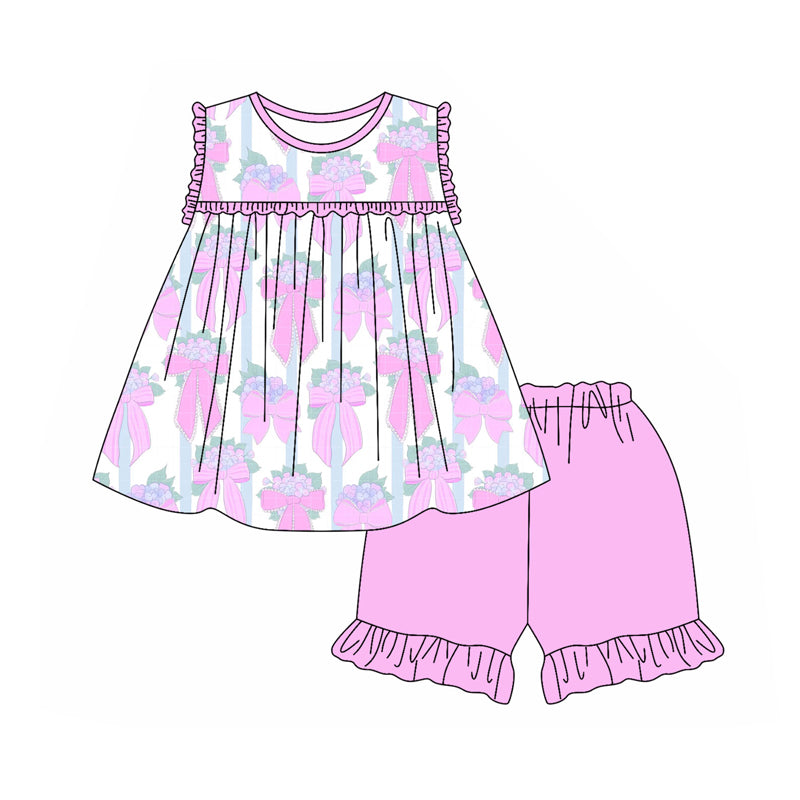 Girls Sleeveless Floral Bow Tunic Short Set Pink Casual Comfortable Clothing for Kids