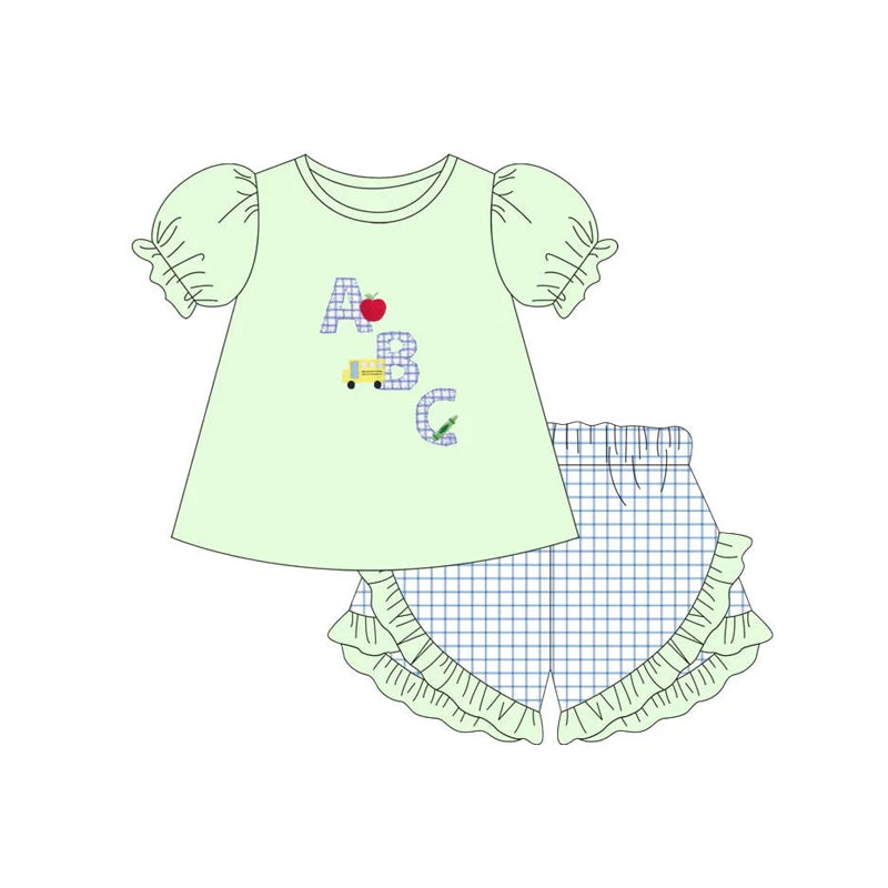 Kids ABC Apple Car Pattern Short Sleeve Top And Plaid Shorts Set - Casual Clothing Outfit for Children