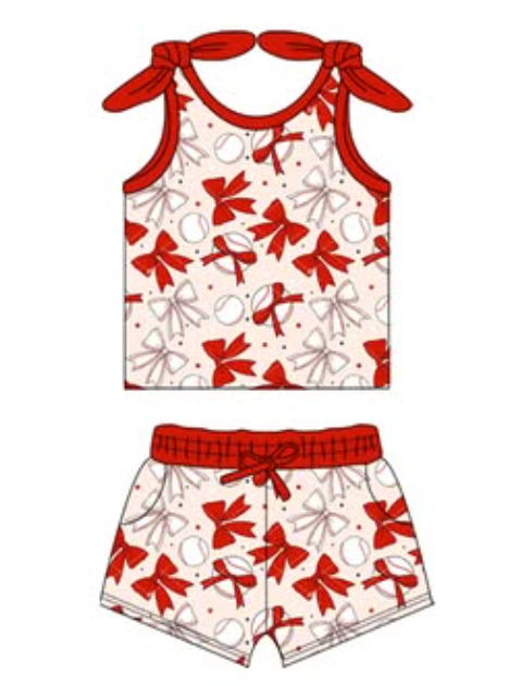 GSSO2171Baby Girls Red Baseball Bows Outfit Set Shirt Top Shorts Clothing Ensemble for Infants