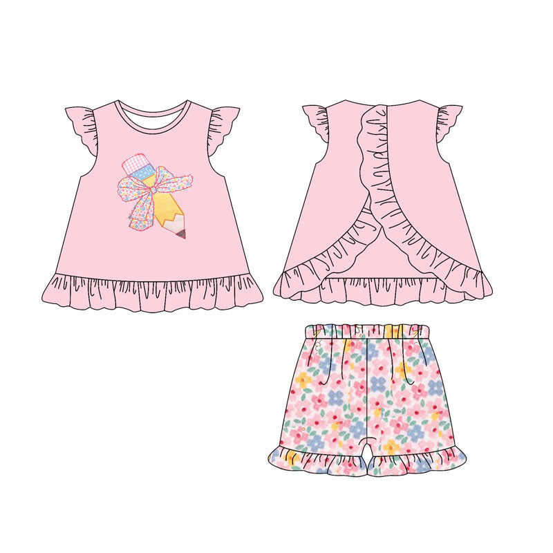 Girls Pink Floral Ruffle Pencil Bow Dress Cute Back to School Dress for Kids