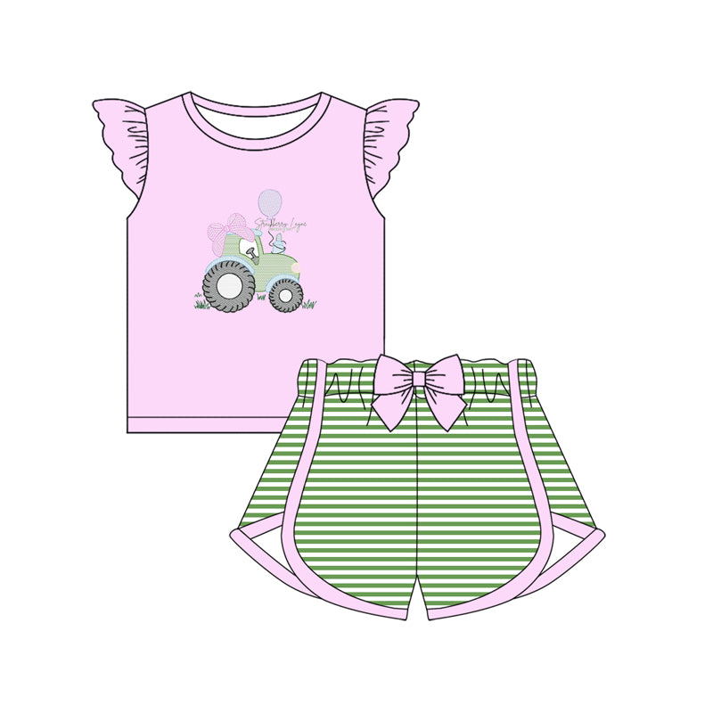 Baby Girls Pink Truck Print Top And Stripes Shorts Outfit Set Cute Casual Clothing Combo for Infants